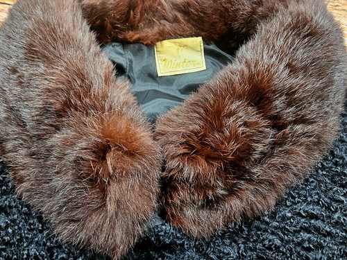 VTG 60s Styled By Winter Women L Black Wool Boucle 3/4 Slv Crop Jacket Brown Fur - Picture 5 of 11