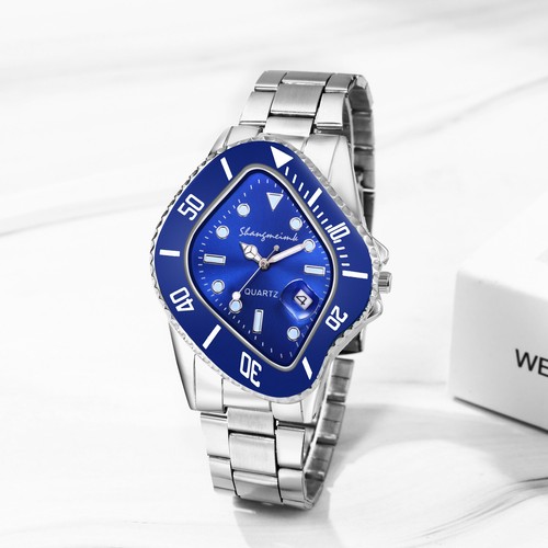 Mens Novel Rhombus Luminous Watch Stainless Steel Date Wristwatch Analog Quartz - Bild 13 von 23