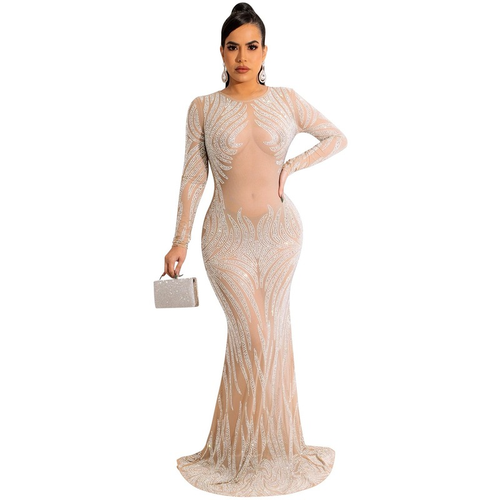 Women Long Sleeve Mesh See-through Beaded Rhinestone Party Evening Mermaid Dress - Bild 14 von 14