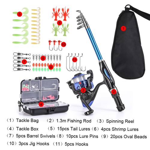 Fishing Pole Set Full Kits Telescopic Rod Spinning Reel Baits Hooks Travel UK - Picture 2 of 16