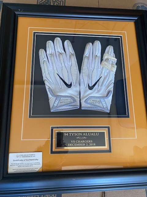 Tyson Alulua #94 Gloves Game Used Steelers 12/02/2018 Authenticated