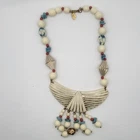 Vintage Miriam Haskell Necklace White Glass Beads Turquoise Coral Gold Tone Bib