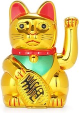 Maneki Neko Lucky Fortune Cat Japanese Lucky Cat with Waving Arm Gold Battery...