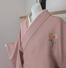 Authentic Japanese Silk Homongi Kimono Pink Embroidery Floral Art Decor Luxury