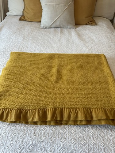 Vtg Acrylic Waffle Weave Blanket Twin Size Mustard Yellow Nylon Trim 62”x86” USA - Picture 13 of 23