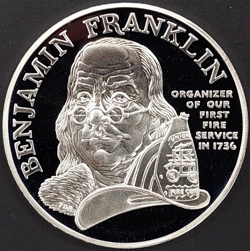 1992 P Proof Ben Franklin Firefighters Silver Medal! 1 Troy Oz. .999 Fine Silver - Picture 3 of 9