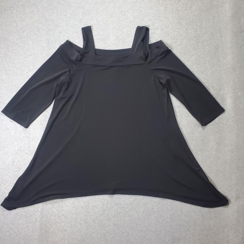 Clara Sun Woo Black Trapeze Cold Shoulder Tunic Top Size 1X Travel Stretch - Picture 2 of 9