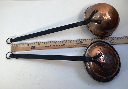 Vintage 2-teiliges Set Kupfer Schöpfkelle & Sieb Skimmer Schmiedeeisen Griffe großes Utensil - Bild 9 von 9