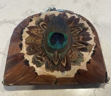 Vintage Genuine Peacock Feather Small Coin Change Purse Kiss Clasp Wallet 4” X 4