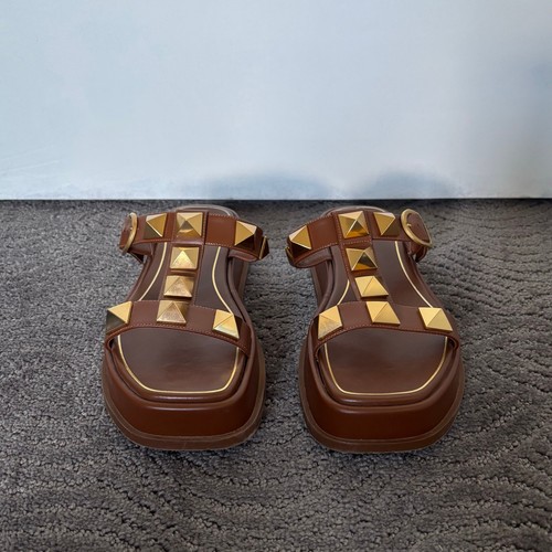 Valentino Garavani Roman Stud Leather Slide Sandals Tan Brown Flat Mule Size 36 - Picture 3 of 14