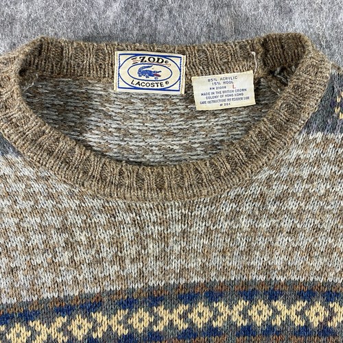 True Vintage Izod Lacoste Wool Sweater Men's Large Nordic Fair Isle Brown Knit - Picture 4 of 10