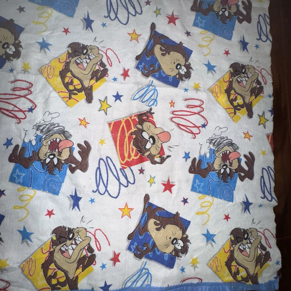 Manta de bebé vintage Looney Tunes Taz años 90 azul satinado 57x42 hecha en EE. UU. Foto 3 de 4