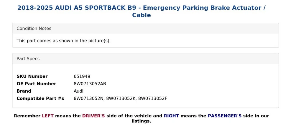 AUDI A5 SPORTBACK B9 2018-2025 - Actuador/cable de freno de estacionamiento de emergencia Foto 4 de 4