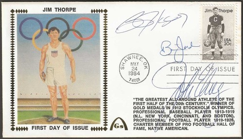 Bo Jackson John Elway +1 Signed Jim Thorpe USPS FDI FDC Gateway Stamp Cachet