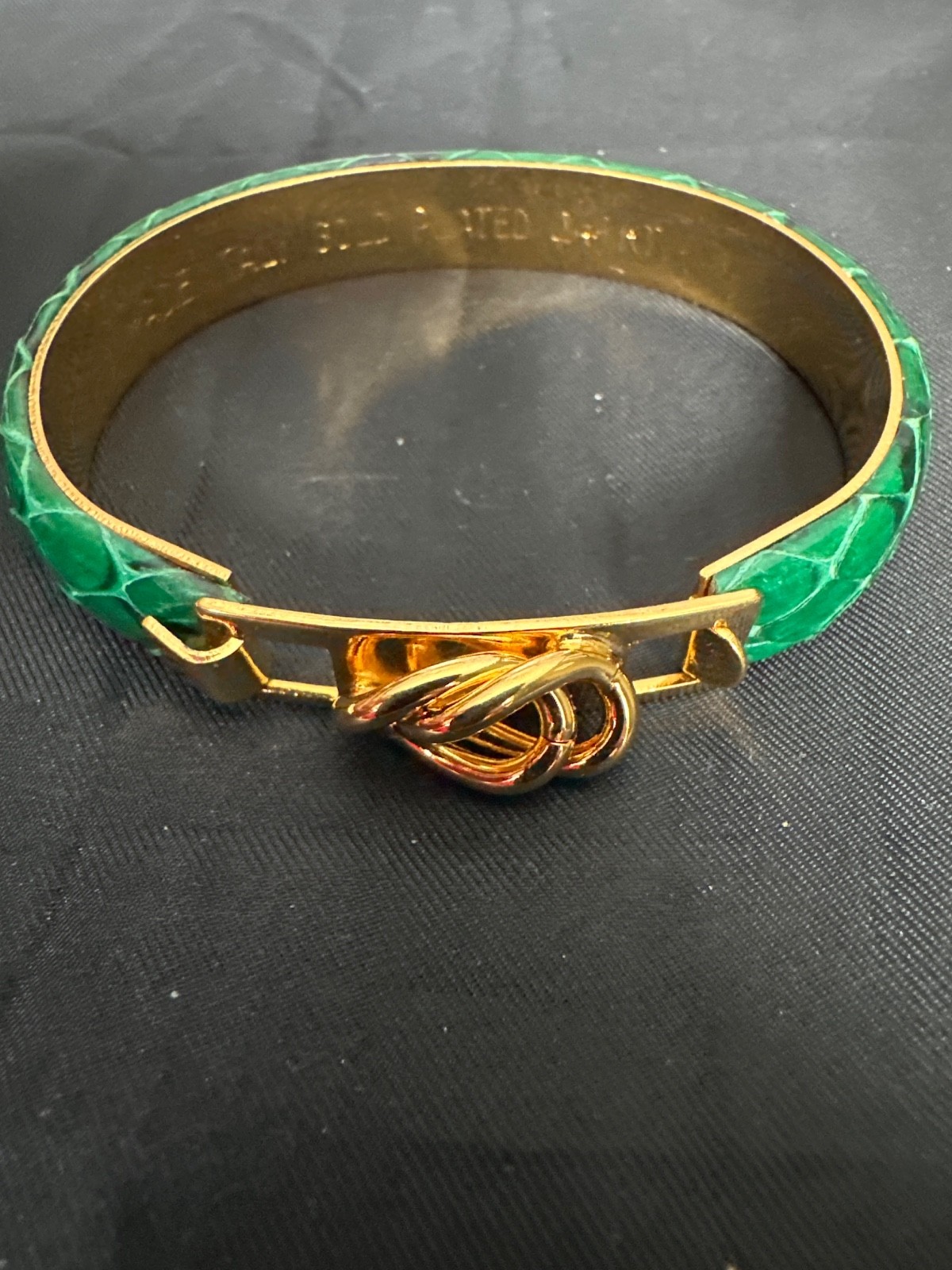 Vintage Mannelli Florence Italy 24K Gold Plated Green Snakeskin Bangle Bracelet