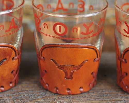 Libbey Bamco Western Branding Barware Set of 3 Glasses with Leather Holders - Picture 3 of 10