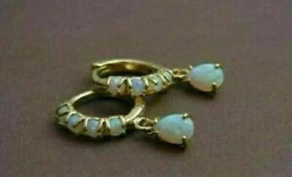 Elegante pendiente colgante/gota de ópalo de fuego corte pera de 2 quilates acabado de oro amarillo de 14 k Foto 3 de 4