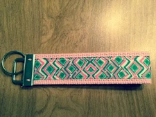Pink and Green Geometric Cotton Webbing Keychain/ Keyfob/ Wrislet