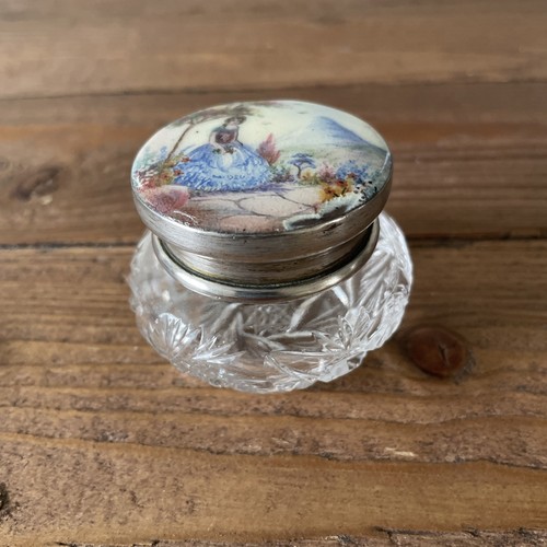 Antique Enamelled Lid Crystal Glass Pill Trinket Pot Box