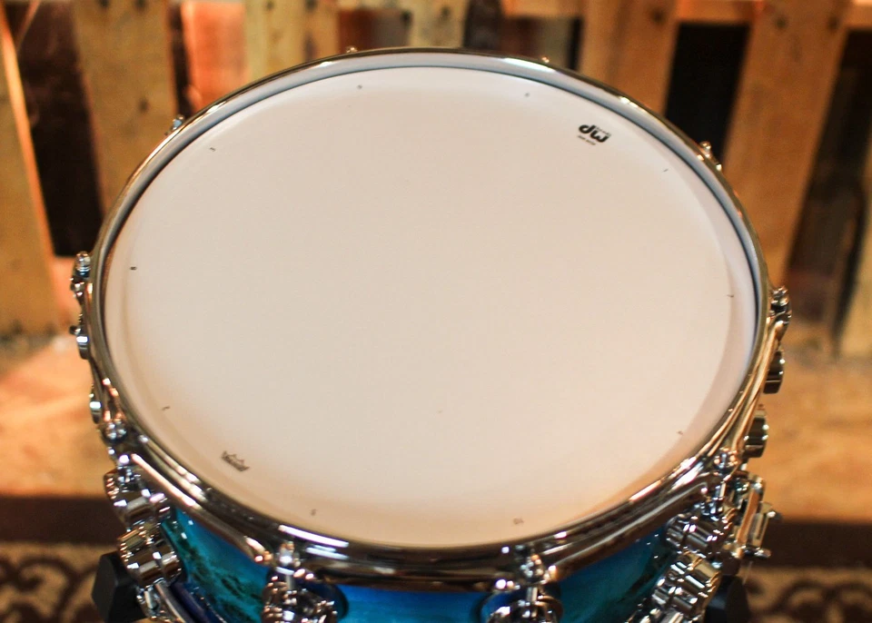 DW 7x14 Collector's Maple VLT Blue Burst over Mapa Burl Snare Drum - SO#1407182 - Image 4 of 4