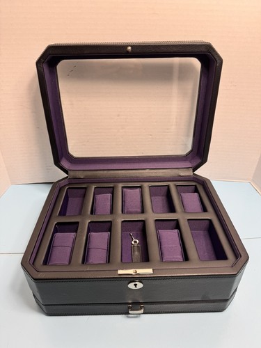 Wolf 458603 Windsor 10 Piece Watch Box with Drawer in Black & Purple With Key - Picture 2 of 10