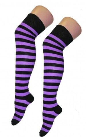 Women Plain Striped Stretchy Over the Knee Thigh High Socks Ladies Cotton Lycra - Picture 32 of 71