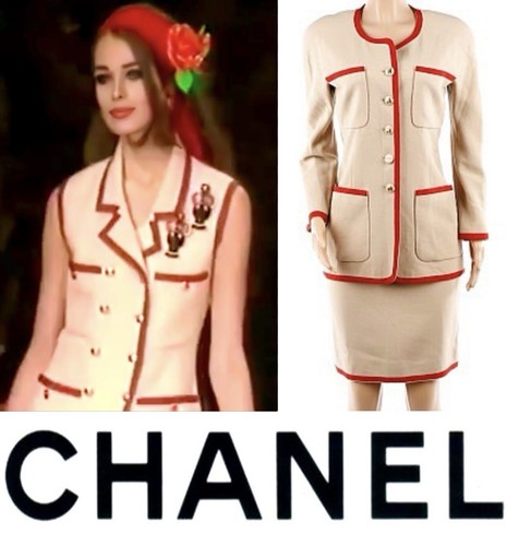 Chanel Vintage 1991 Barbie Tan Red Tweed Jacket Skirt 2pc Set 34 36 2 4 Logo S M - Picture 17 of 24