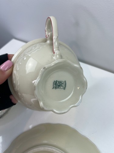 Taza de té vintage Schumann Baviera rosa celosía estampado de encaje y 2 platillos taza de té de colección - Imagen 3 de 5
