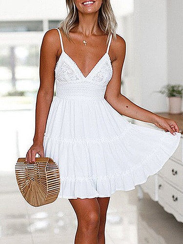 👗Women Boho V-Neck Lace Mini Dress Ladies Casual Holiday Summer Beach Sundress - Picture 15 of 21