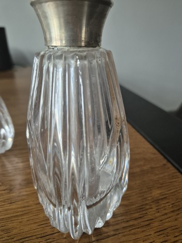 Vintage Art Deco Large Glass Scent Bottles X 2 Aluminium Top With Stoppers Rare - Picture 7 of 15