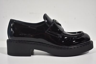 Prada Black Leather Slip-On Loafers with Silver Metal Bit Prada Black Patent Leather Silver Logo Platform Loafer  main image 4