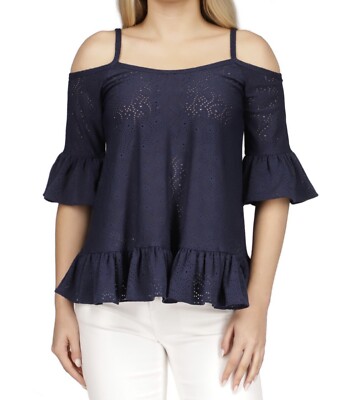 Michael Michael Kors Women's Eyelet Cold-Shoulder Ruffled Top, Blue, XXS, $84