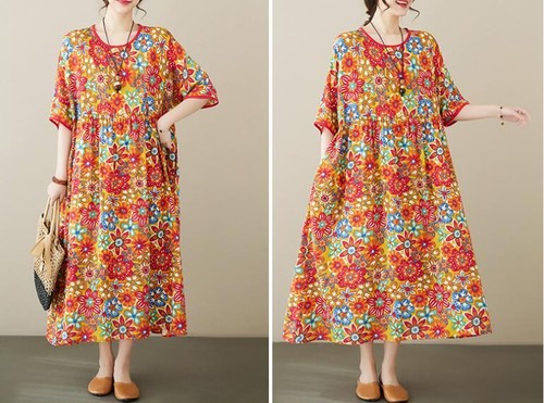 Womens Fashion Summer Ethnic Style Round Collar Loose Flowers Printed Dress Maxi - Picture 7 of 13