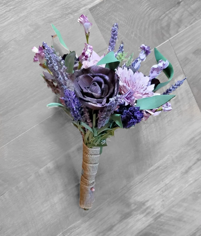 4 piezas ramo de novia púrpura lavanda 1 y 1 dama de honor madera Sola flor silvestre boda Foto 4 de 4