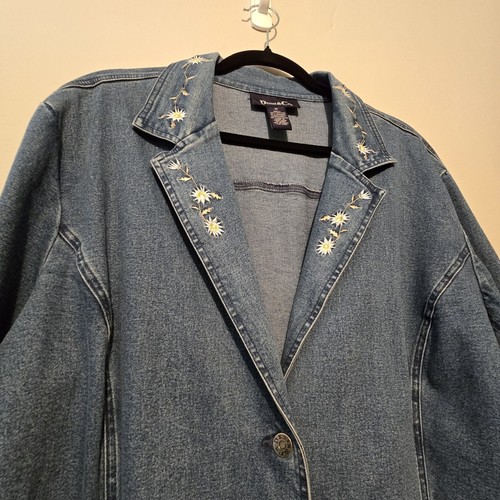Denim & Co. Denim Blazer Jacket Womens Plus 2X Blue Jean Floral Embroidery Boho - Picture 2 of 12
