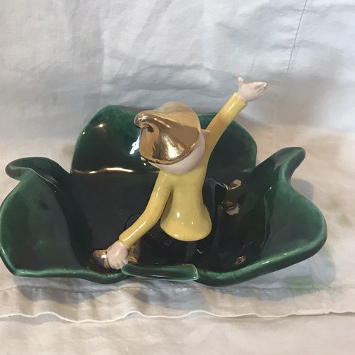 Vtg Irish boy Pixie Elf Fairy Green Clover Trinket Dish Plate Yellow Gold SM89 - Picture 7 of 9