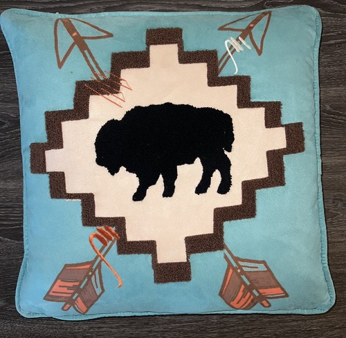 HiEnd Accents Large Bufflo Pillow with Embridery Details, Serape, 18” x 18” - Picture 2 of 7