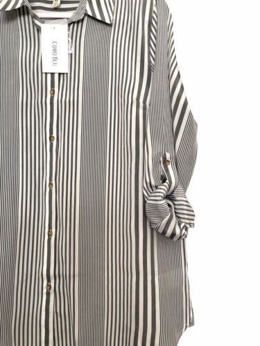 Como Blu Shirt Womens Size L Striped Button Down Roll Tab Sleeve Career NWT - Picture 4 of 7