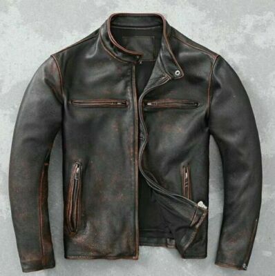 Men's Vintage Biker Black Motorcycle Distressed Cafe Racer Leather Jacket