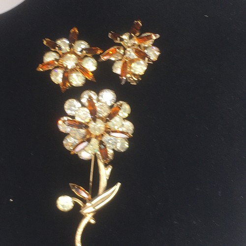 Unsigned Judy Lee Vintage Fall Amber Rhinestone Flower Brooch Earrings Glass Set - Picture 3 of 6
