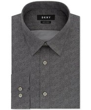 DKNY Men's Slim-Fit Stretch Gray Print Coal Dust Dress Shirt 18 34/35