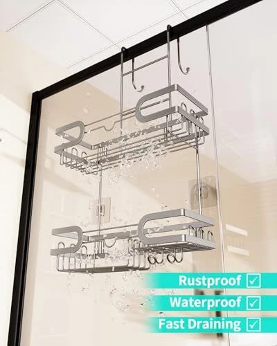 Shower Caddy over Door- Hanging Shower Organizer with 14 2-tier Brushed Nickel
