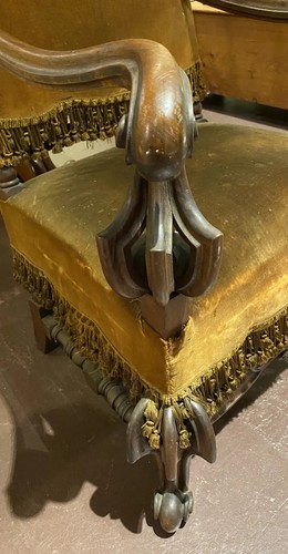 19th c Renaissance Revival Walnut Throne Arm Chair with Brown Velour Upholstery - Picture 11 of 11