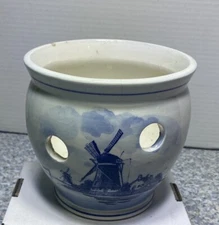 Delft Blauw Holland Hand Painted Blue Windmill Ship Strawberry Bulb Planter Vtg 