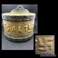 Antique c1900 Salt Glaze Stoneware Salt Cellar Crock w/ Good Luck Symbols-No Lid