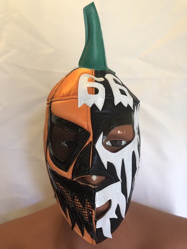 ¡¡MASCARILLA LUCHADORA MALVADA CALABAZA/DAMIÁN 666!! IMPRESIONANTE PARA HALLOWEEN HECHO A MANO - Imagen 1 de 4