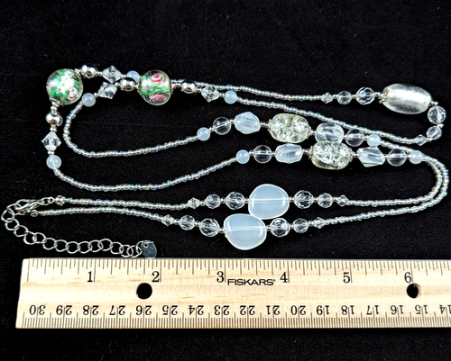 Necklace N Long Beaded Seed Art Glass Crystal Beads Silver Tone Accents Adjust - Bild 8 von 8