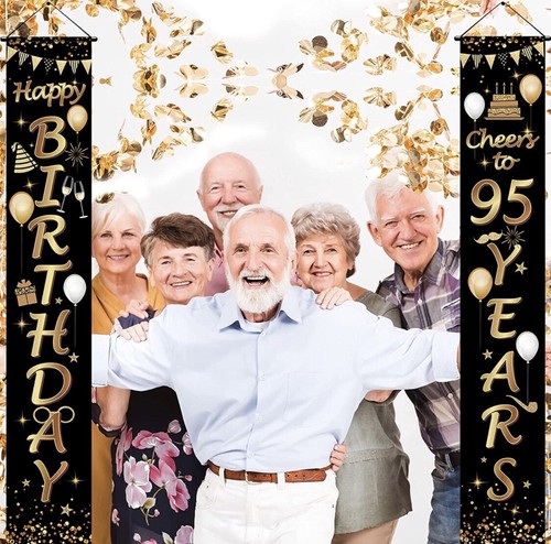 HAPPY BIRTHDAY Sign Banner Pendant Door Hang Decor Black Gold Silver 95th Bday - Bild 8 von 12
