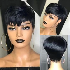 100% Glueless Malaysian Human Hair Short Pixie Cut Black Wig for Women 