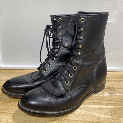 Bottes à lacets vintage Justin homme style 8D 506 kiltie cuir noir USA - Photo 5/12